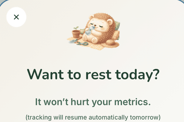 Dawn Song rest sheet: the hedgehog mascot asks 'Want to rest today? It won't hurt your metrics.'